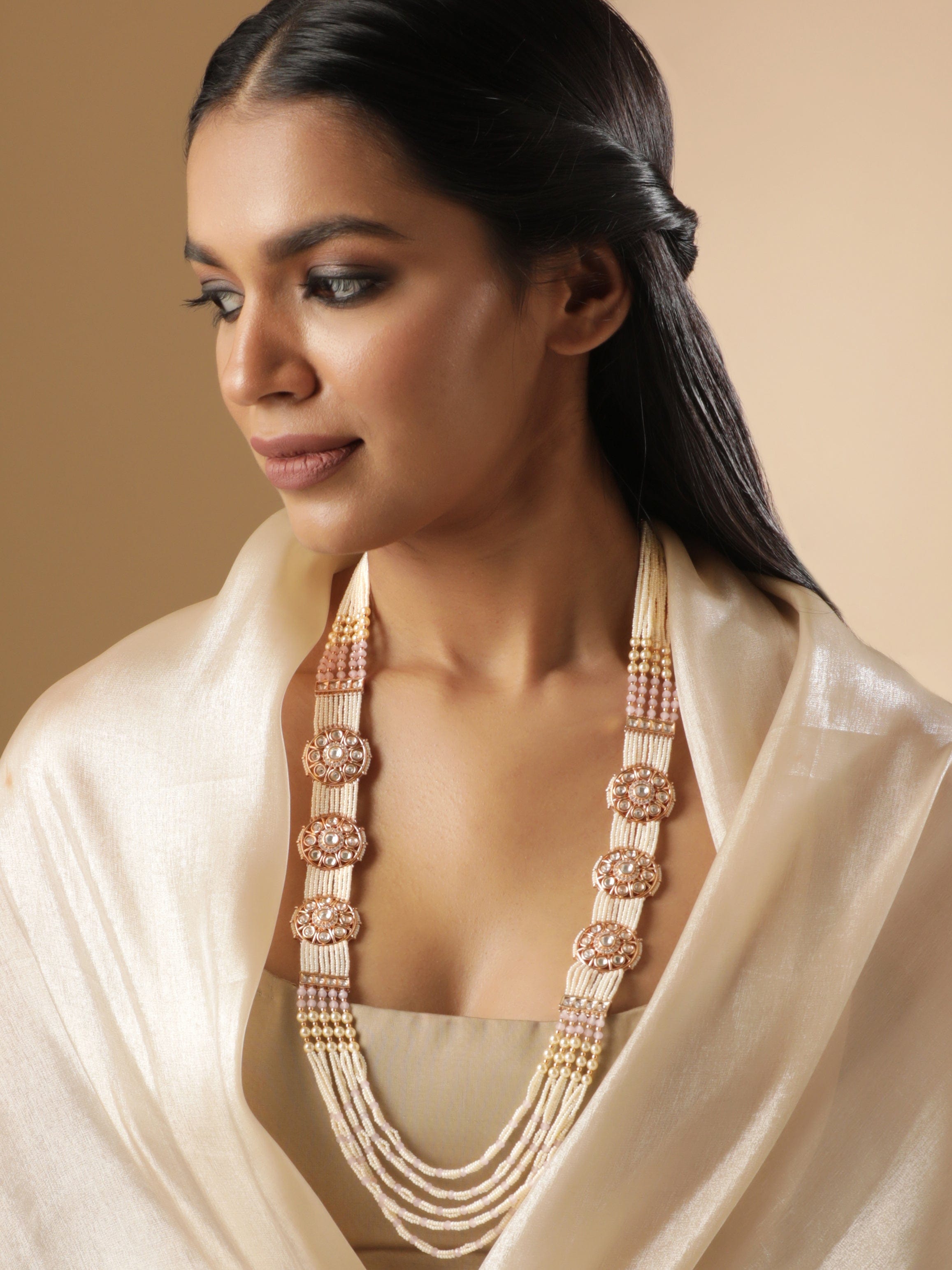 Rubans 18K Gold toned AD & Kundan Studded cream pearl long necklace se