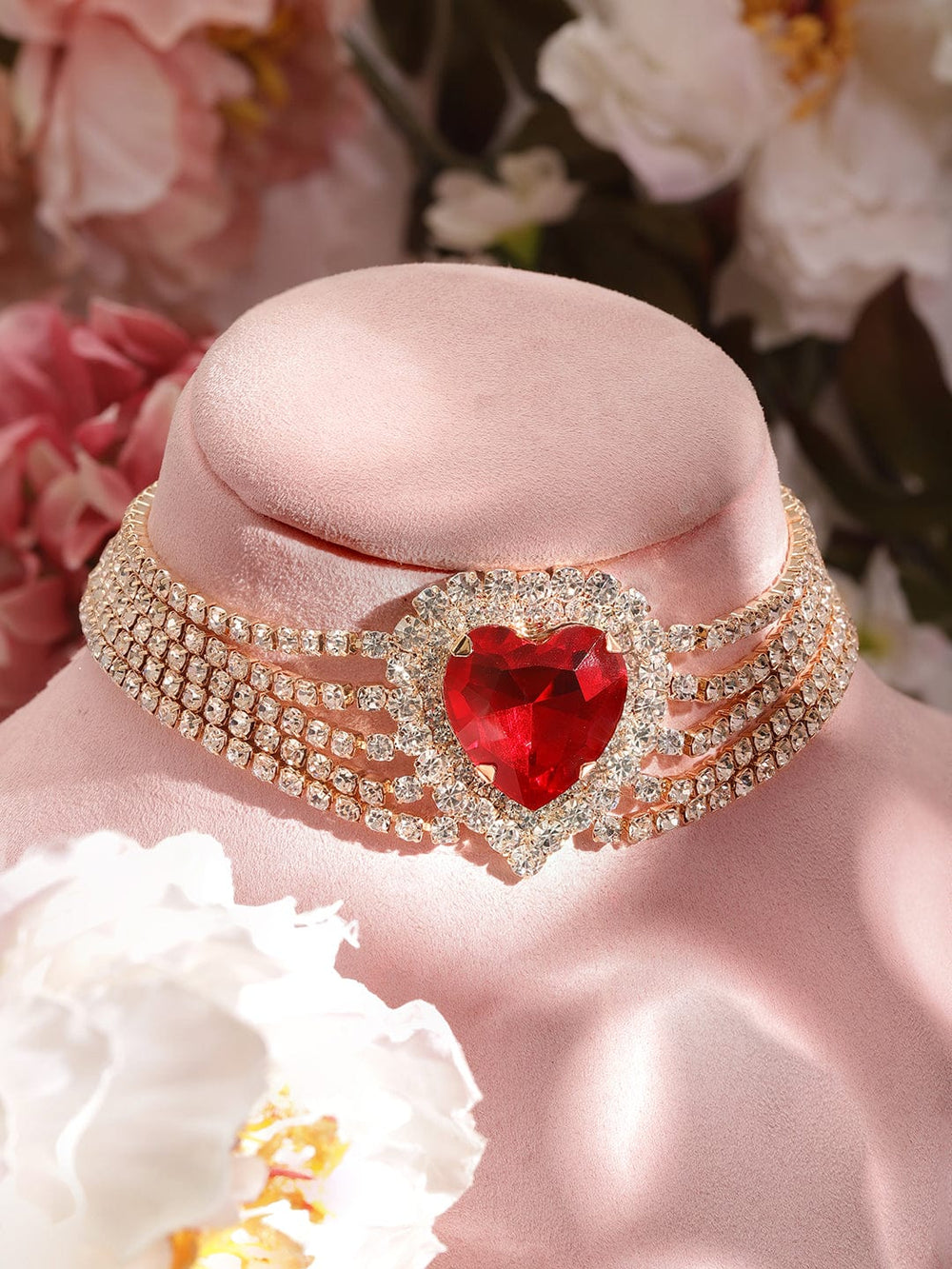 22 KT Gold-Plated Heart-Shaped Ruby embered Choker with Sparkling AD Accents Necklaces, Necklace Sets, Chains & Mangalsutra