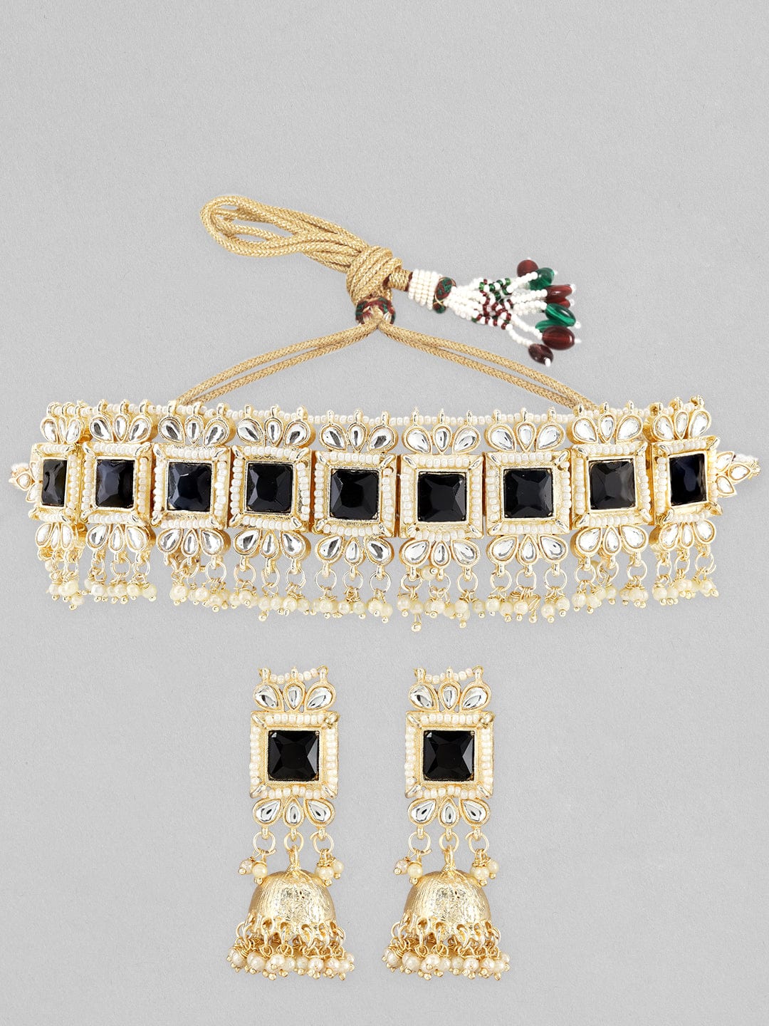 Gold Finish Pearl and Zircon Choker Set with Jhumkas and Tika 2024