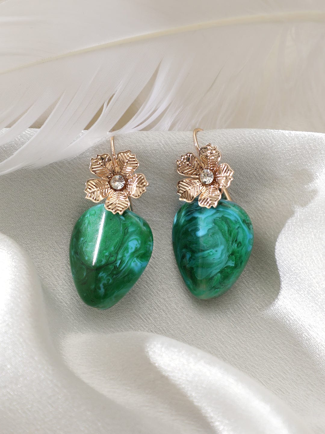 Gold Plate Flower Design Green Enamel LV Earrings