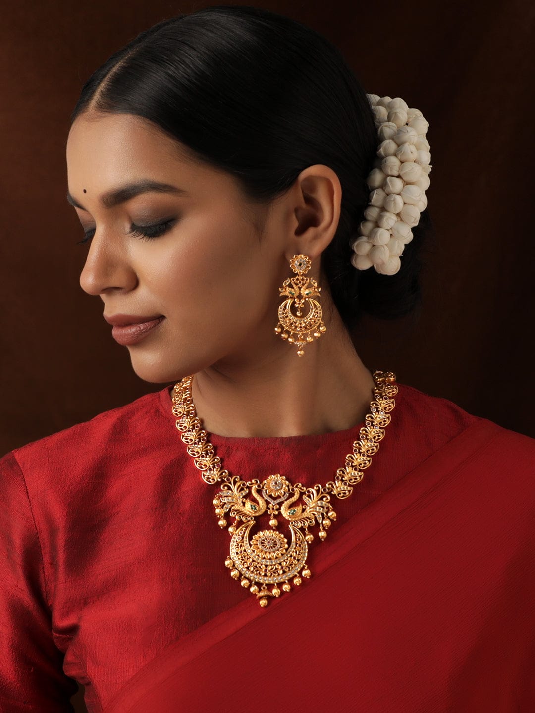 22K Gold plated Ruby & Emerald peacock motif Temple Handcrafted necklace set.  Jewellery Sets