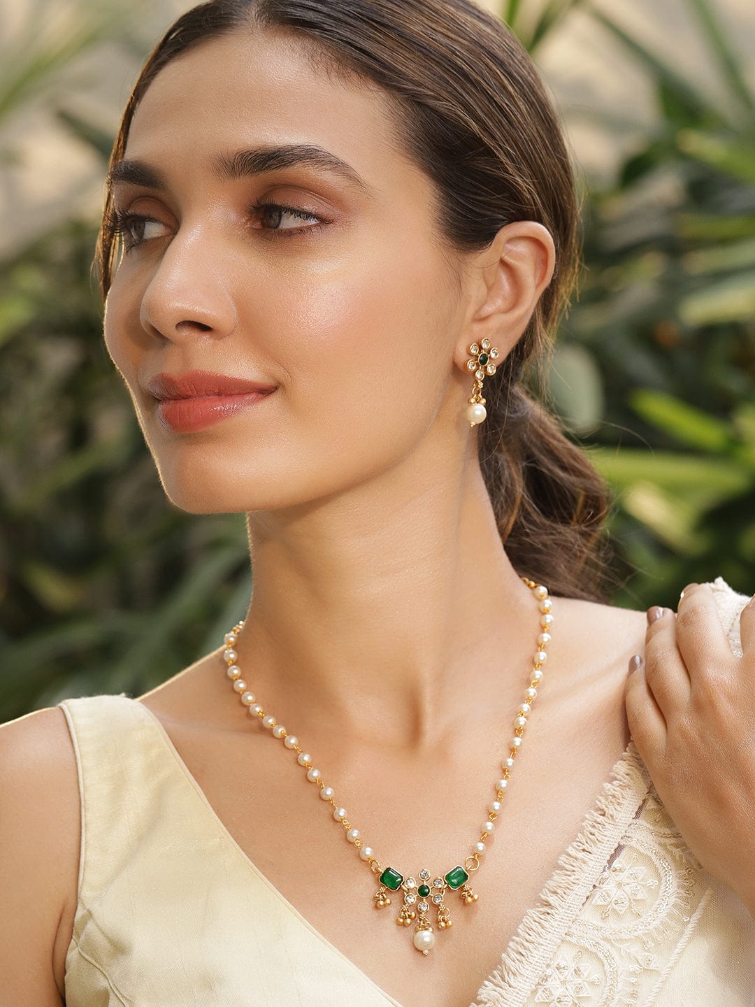 22KT Gold Plated Brass Emerald Stone Studded Beaded Pendant Set