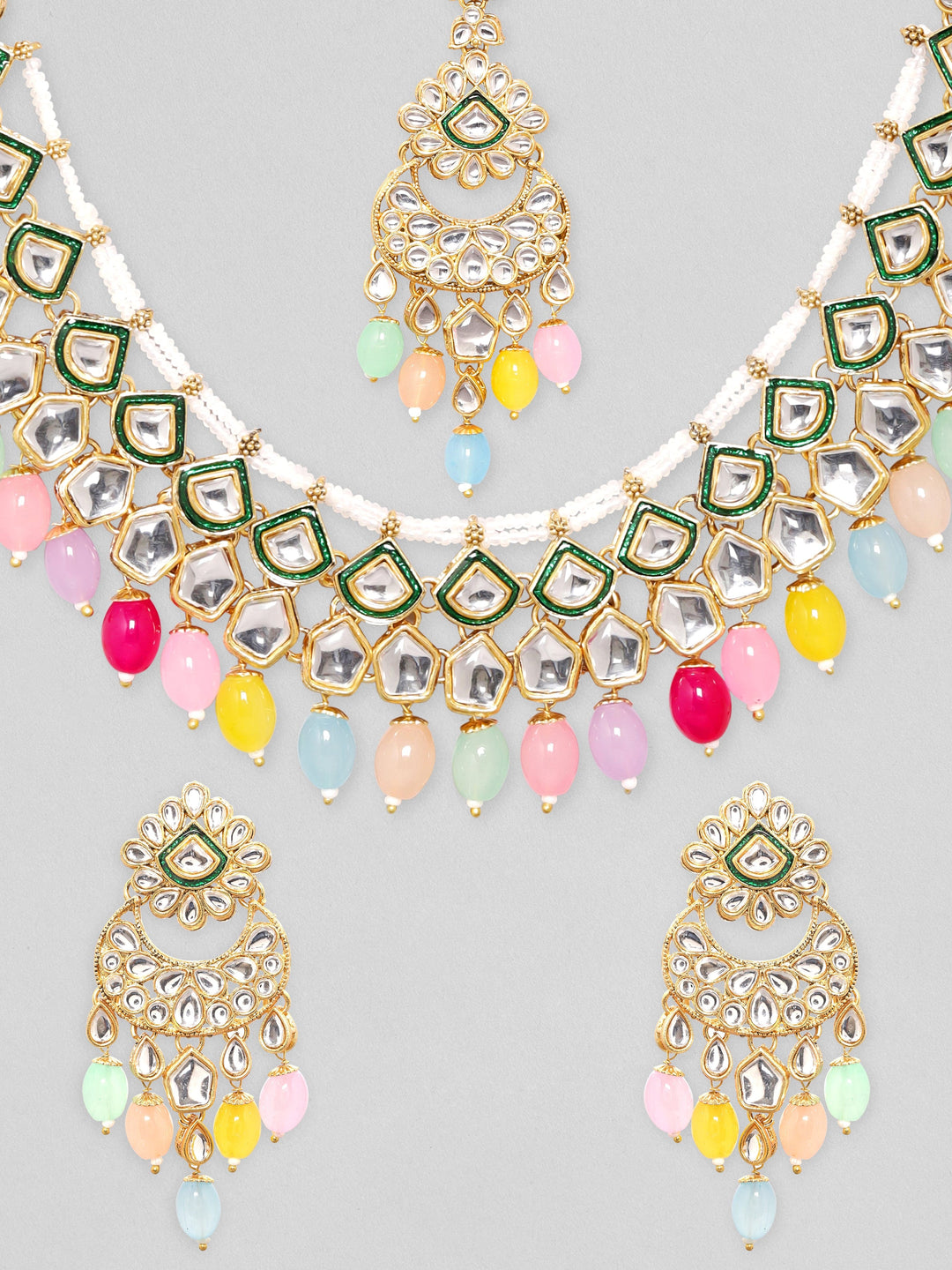 24K Gold Plated Polki Studded Multicolour Beaded Jewellery Set Necklace & Earring Set