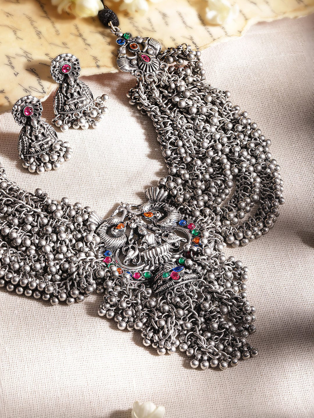 Copy of Oxidized Silver plated Multilayered Lavish Ghungroo Beaded Statement Necklace Set Jewellery Sets