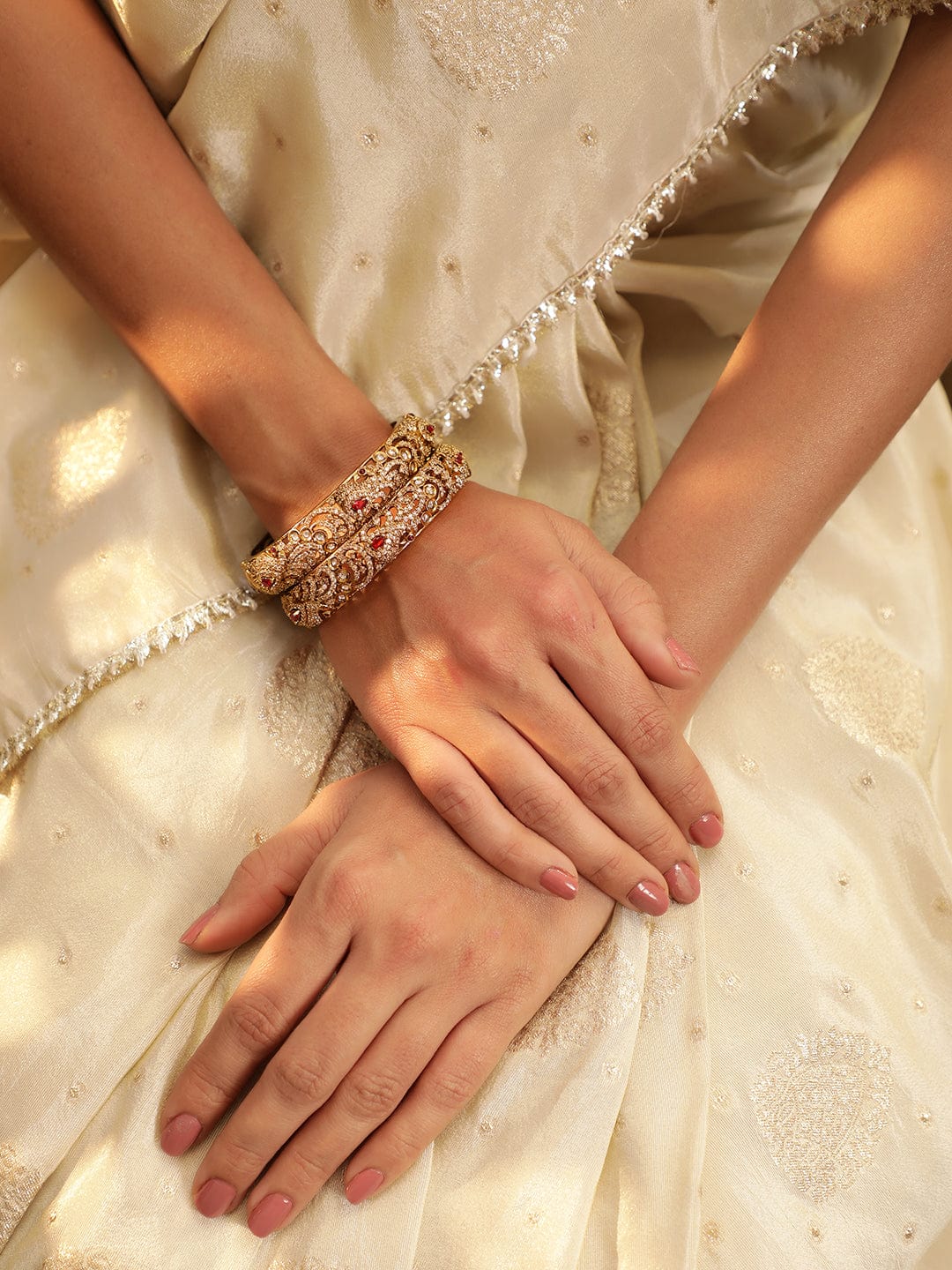 Copy of Rubans Set of 2 White & Gold Plated Handcrafted Pearl Studded Bangles Bangles & Bracelets
