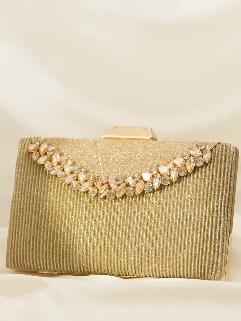 Rubans Golden-Tone Box Clutch Sling Bag Featuring American Diamonds