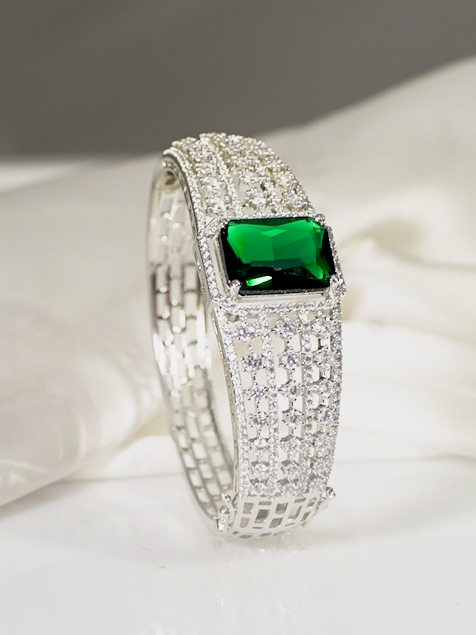 Rubans Rhodium plated Emerald Zirconia Studded Statement Bracelet