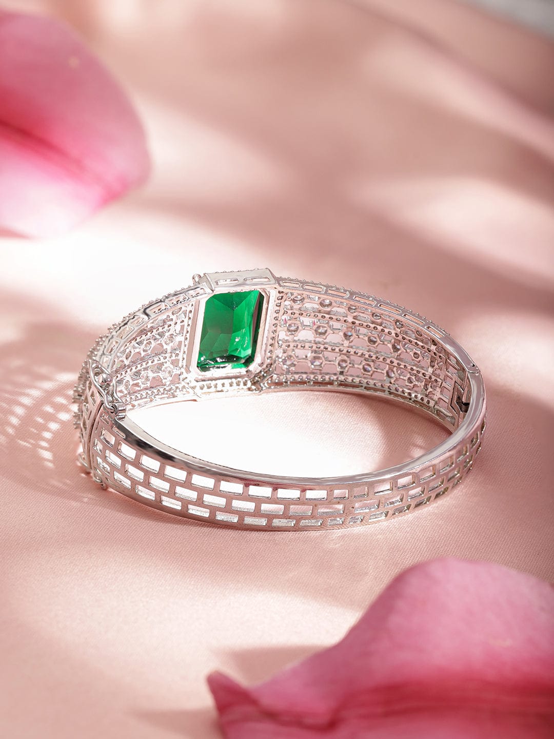 Rhodium plated Emerald Zirconia Studded Statement Bracelet Bangles & Bracelets