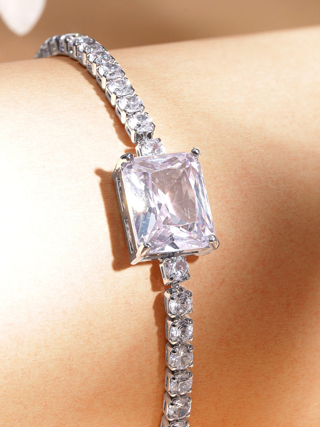 Rhodium-Plated Square Cut Sparkling Zircon-Studded Bracelet Bangles & Bracelets