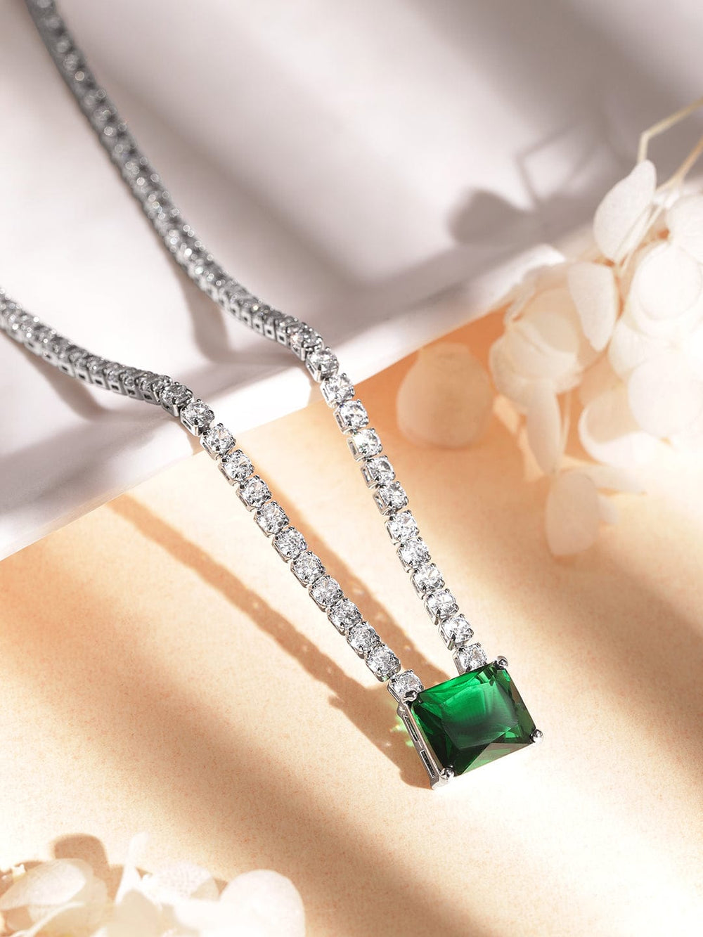 Rhodium Silver Plated of Zircon with Green stone statement necklace Necklaces, Necklace Sets, Chains & Mangalsutra