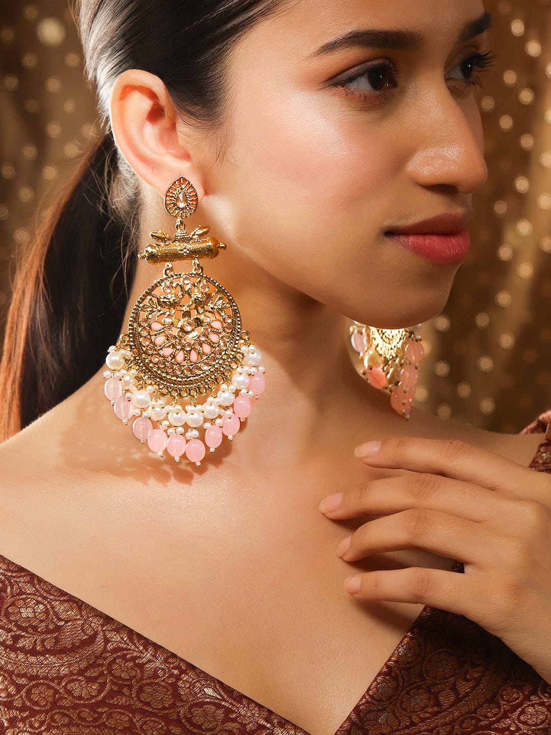 Rubans 18K Antique Gold-Plated Big Chandbali Earrings with Pearl Pink  Bead Accents