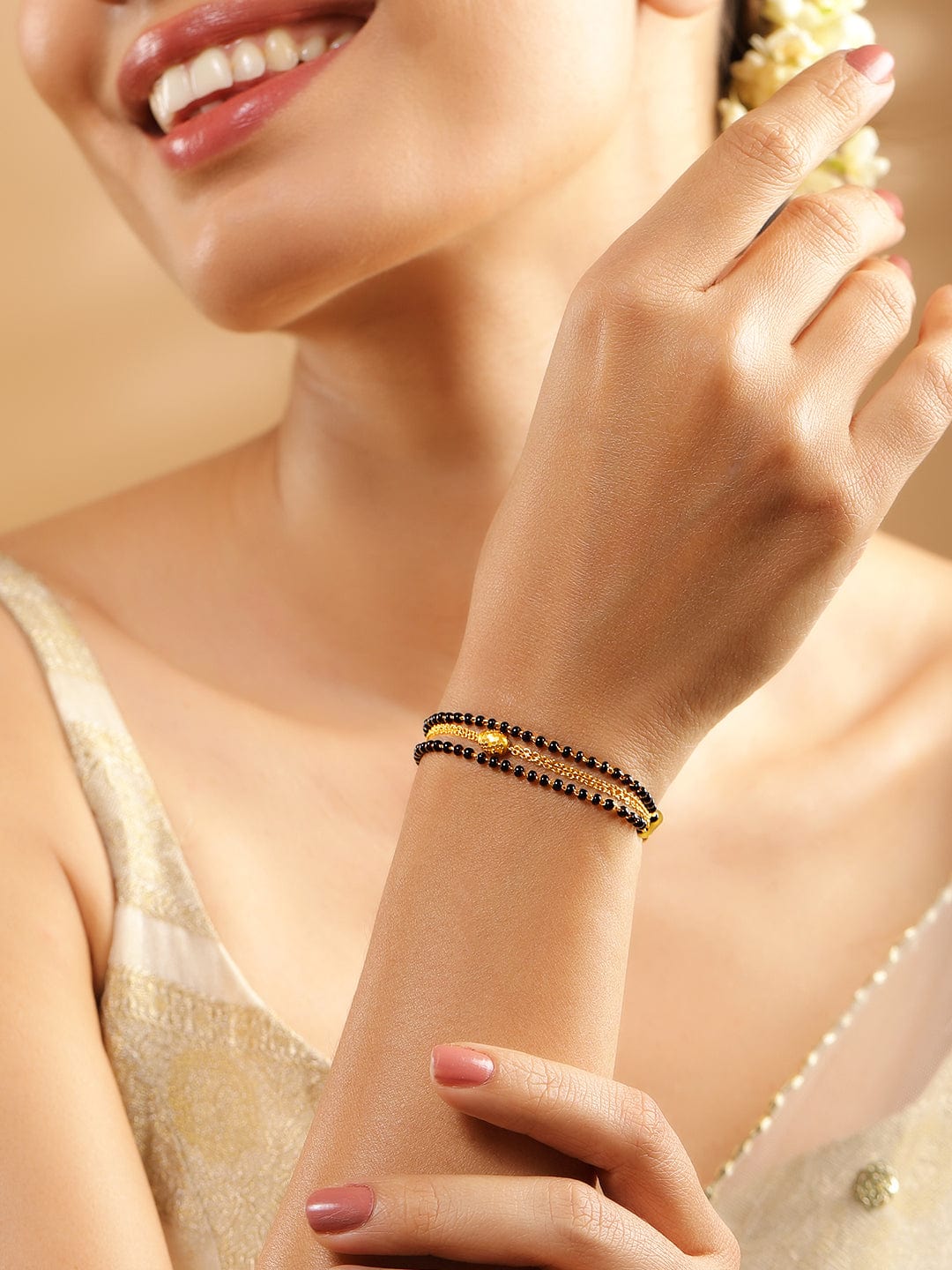 Rubans 18K Gold-Plated Black Beaded Golden Chain Mangalsutra Bracele