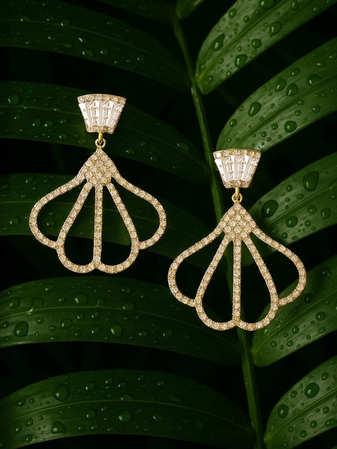 Rubans 18K Gold Plated Cubic Zirconia Studded Fan-Shaped Dangle Earrin