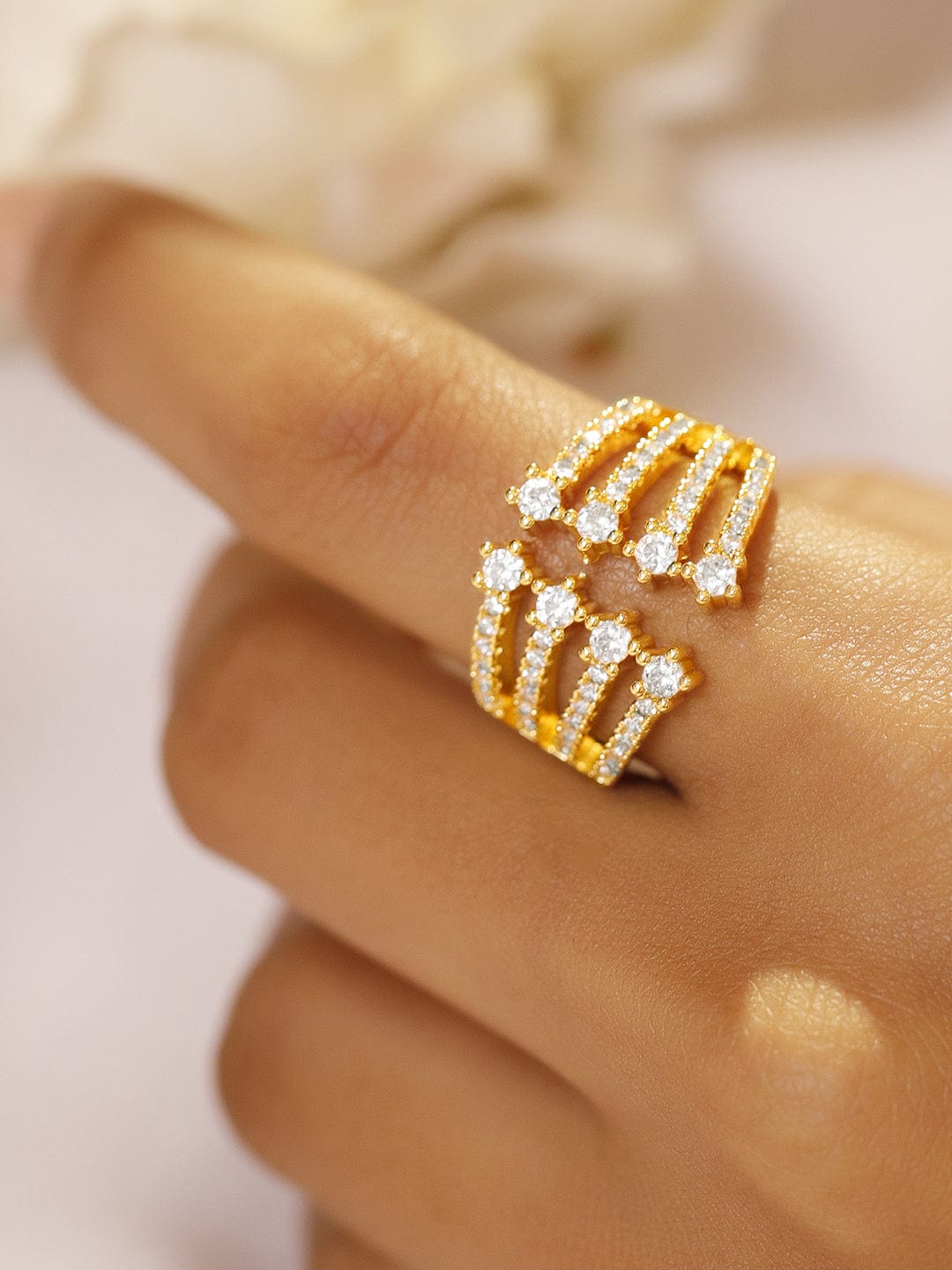 Rubans 18K Gold-Plated Cubic Zirconia Studded Multi-Row Adjustable  Statement Ring