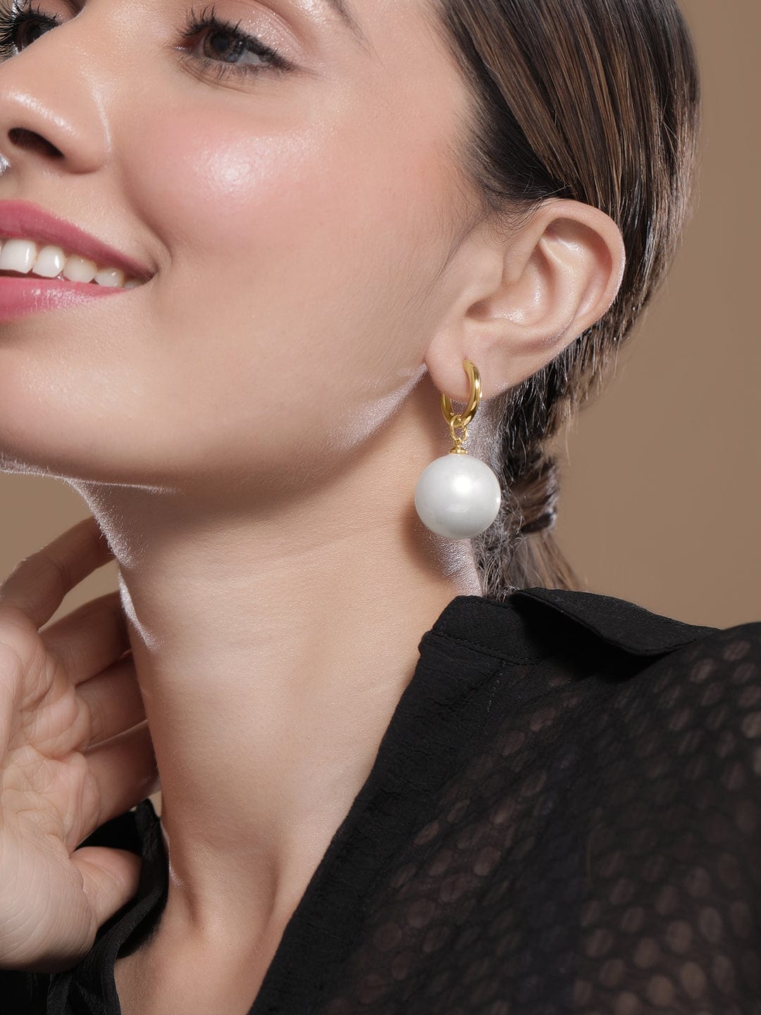 Handcrafted Double Cream online Pearls with Geometric Gold Beads Earrings