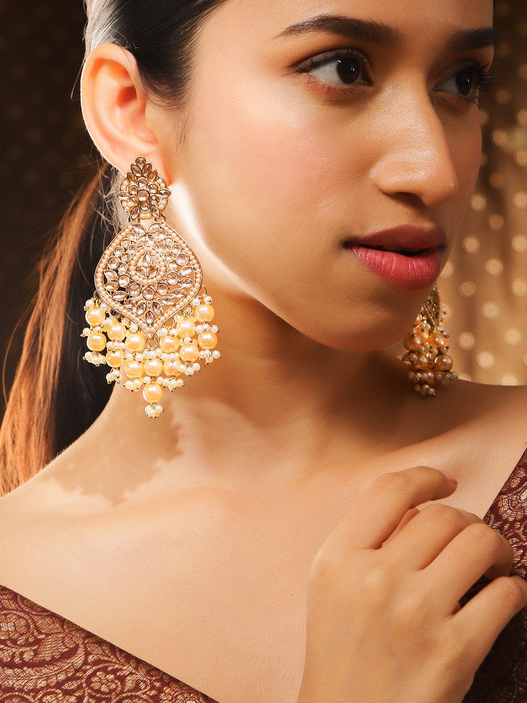 Rubans 18K Gold-Plated Kundan Glossy Cream Pearl Beaded Handcrafted Long  Chandelier Earrings