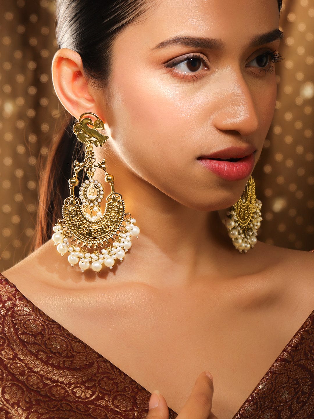 Rubans 18K Gold-Plated Large Chandbali Earrings with White Pearl Beade