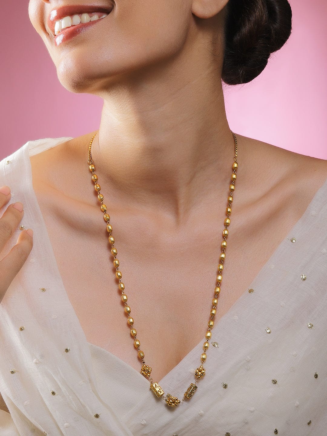 Rubans 18K Gold-Plated Matar Mala Style Golden Beaded Necklace with Ca