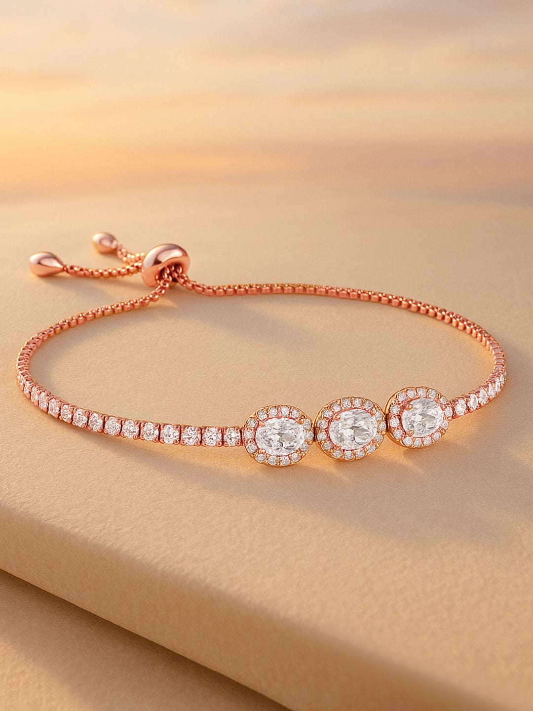 Rubans 18K Rose Gold Plated Cubic Zirconia Studded Adjustable Pull Cha