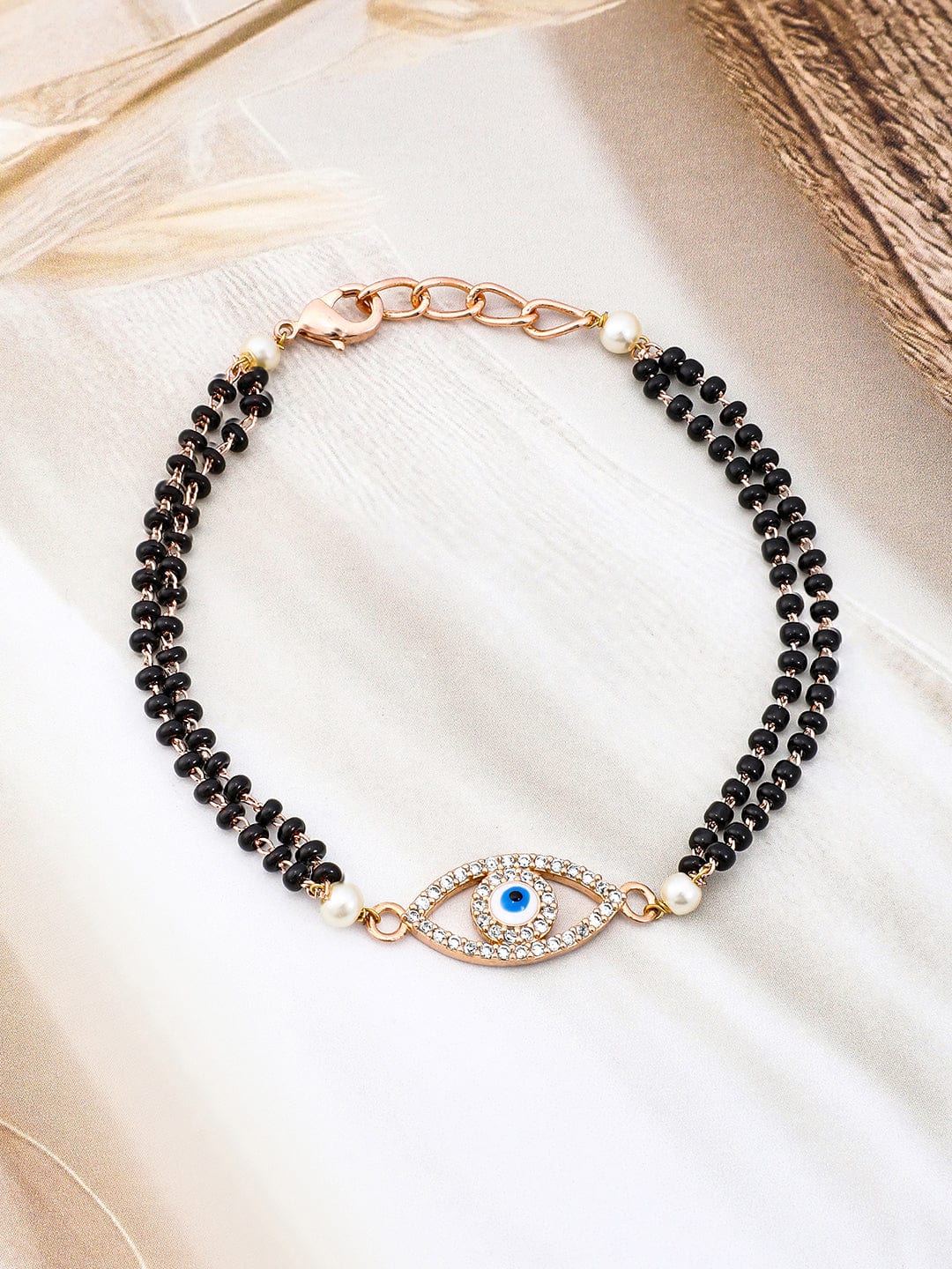 Rubans 18K Rose Gold-Plated Evil Eye Mangalsutra Bracelet with Cubic Z