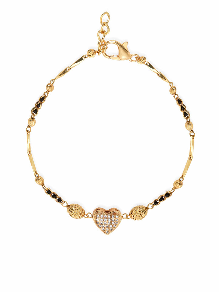 Rubans 18KT Gold Plated Artificial Stones Studded Beaded Heart Shaped Link Mangalsutra Bracelet Bangles & Bracelets