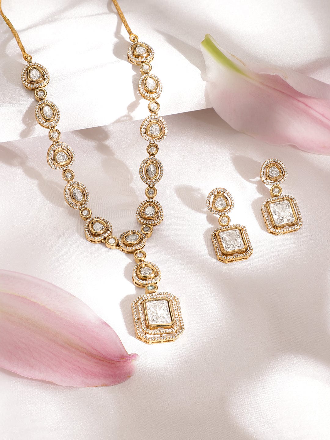 Rubans 22 K Gold Plated  Zirconias Studded Necklace  Earrings Jewellery Set