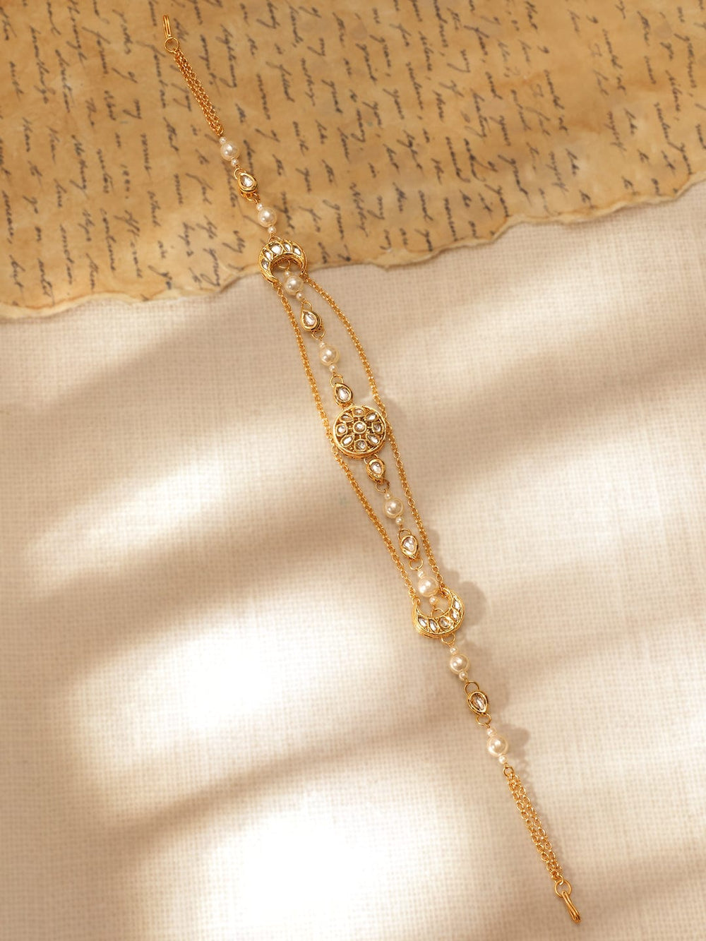 Rubans 22 KT Gold Plated Cherry Pink Kundan Studded Pearl Beaded Crescent Sheeshpool Head Jewellery