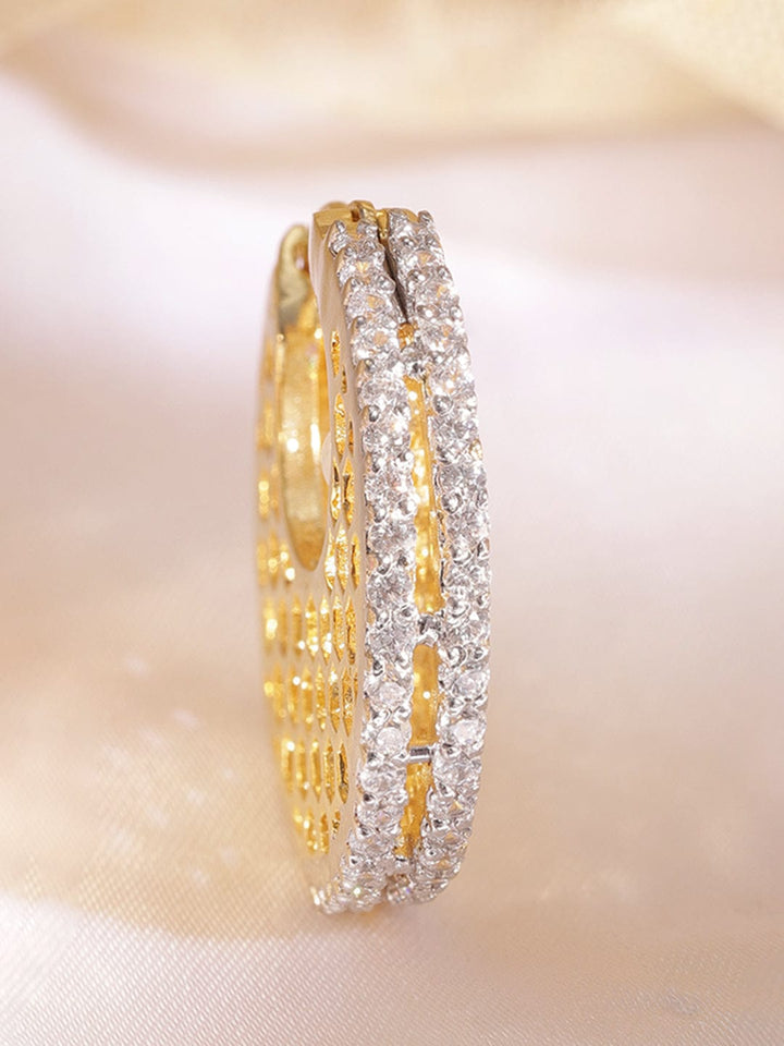Rubans 22K Gold plated Crystal Round zirconia Hexagonal Textured Chic Demi - Fine Hoop Earrings Earrings