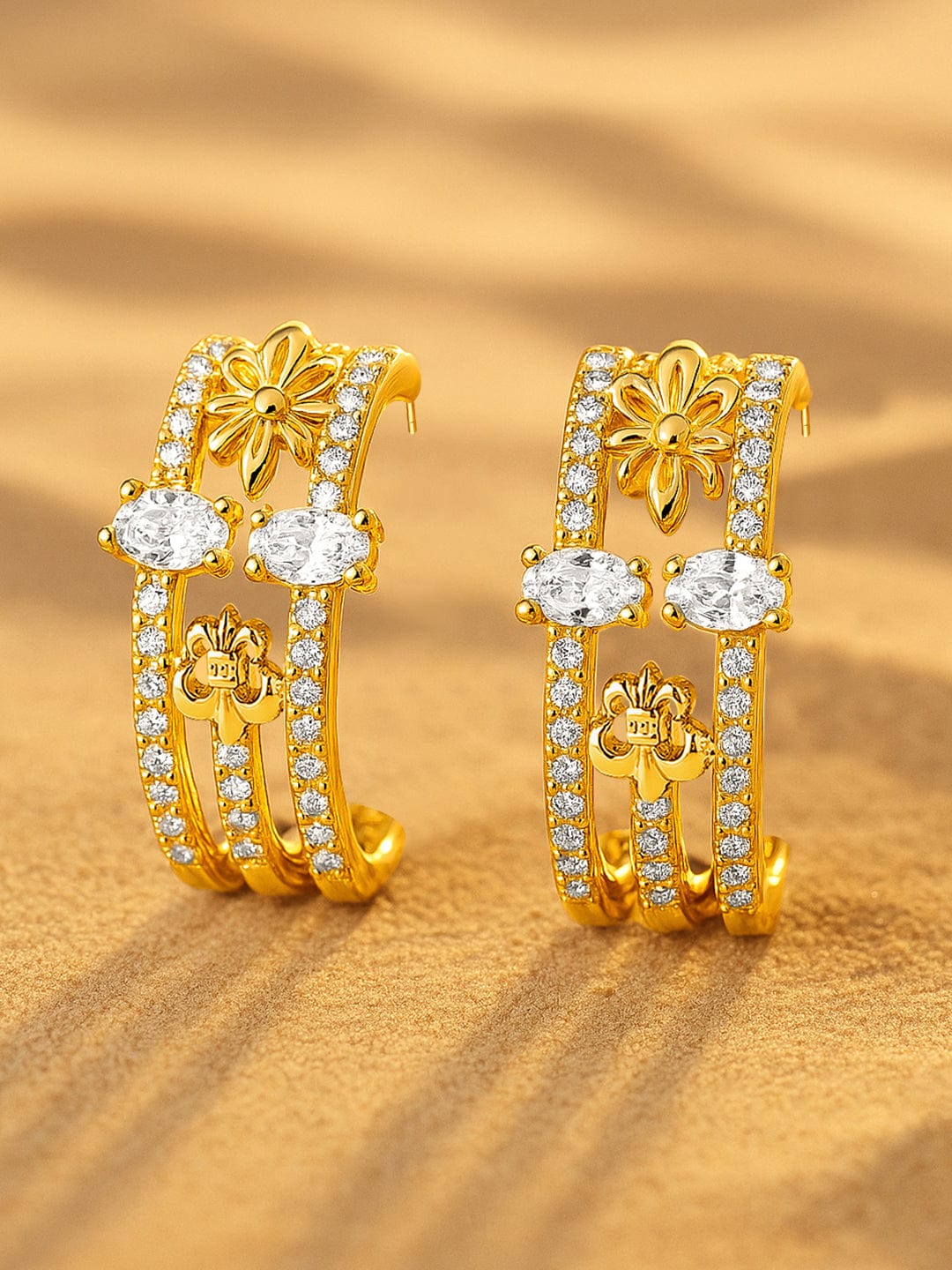Rubans 22K Gold Plated Cubic Zirconia Studded Floral Half Hoop Earrings