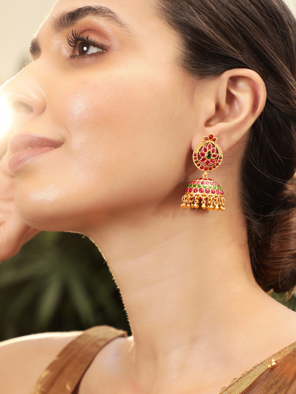 Rubans 22k Gold-Plated Dome Shape Jhumka Earrings with Red and Green Stone Earrings