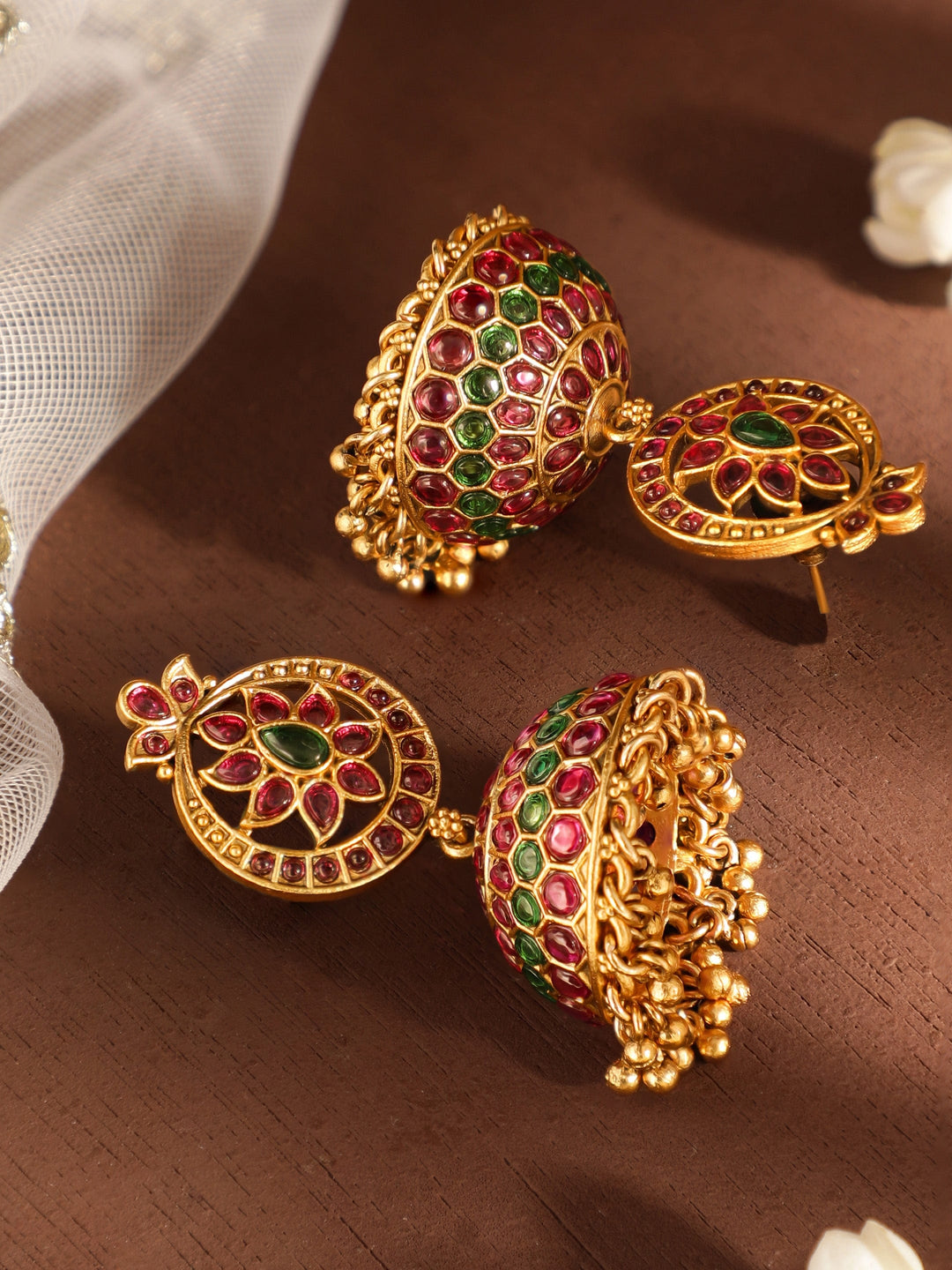 Rubans 22k Gold-Plated Dome Shape Jhumka Earrings with Red and Green Stone Earrings