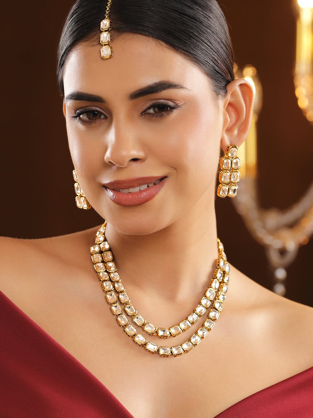 Rubans 22K Gold-Plated Double Layer White Kundan Studded Statement Nec
