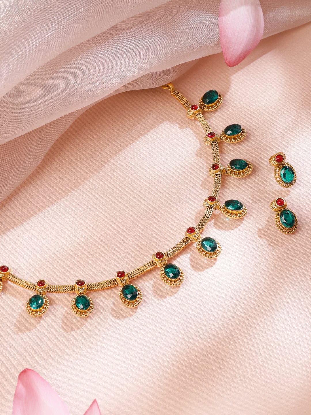 Rubans 22K Gold-Plated Emerald Green Ruby Red Stone-Studded Adjustab