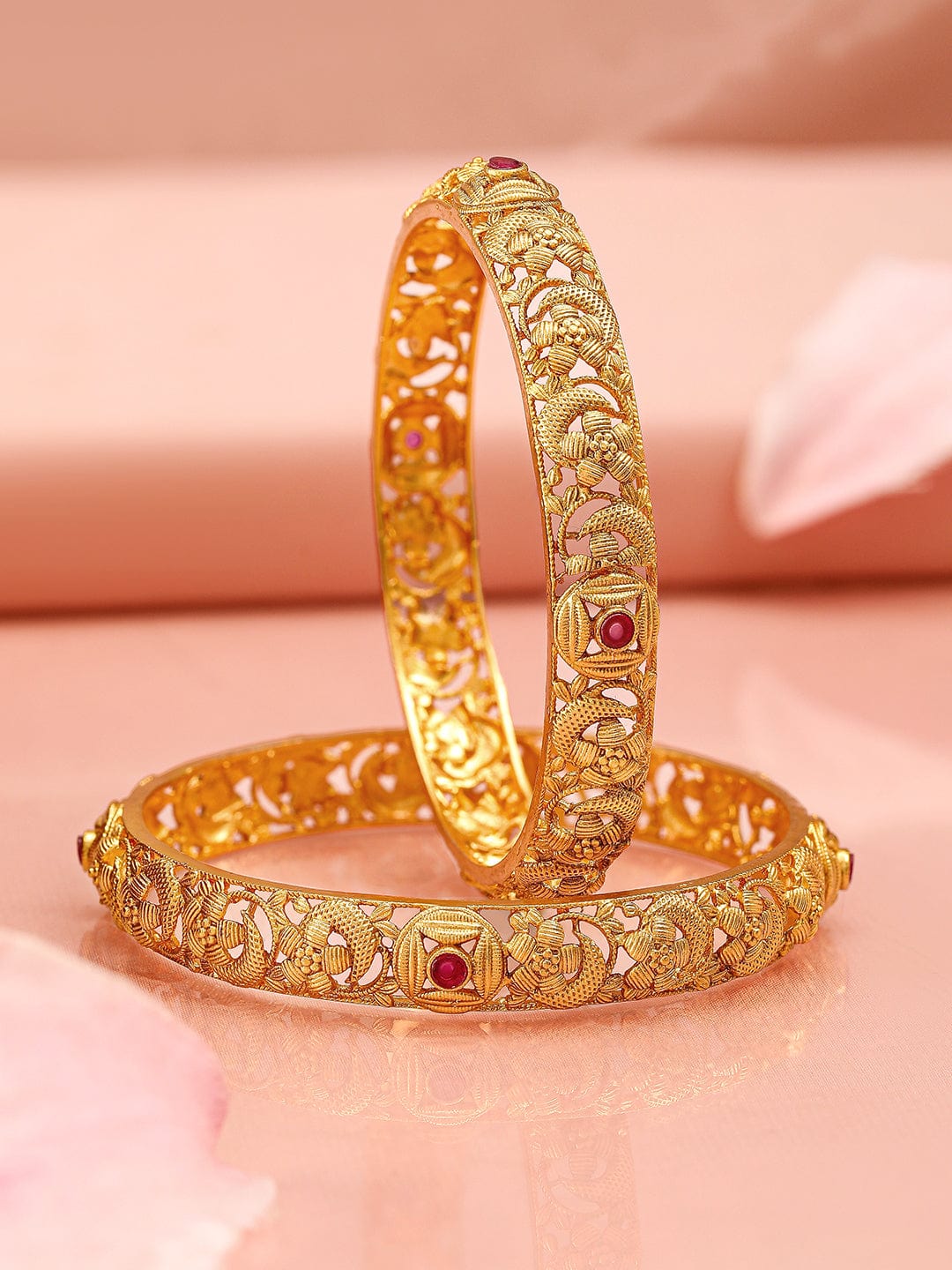 Rubans Set of 22K Gold-Plated Ruby Pink Stone Floral Design Traditional Bangles