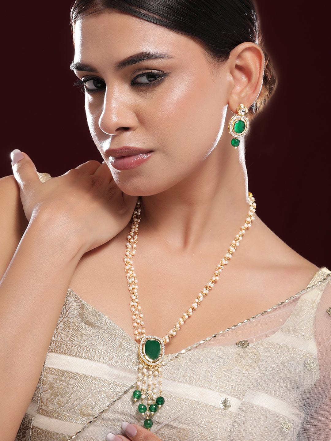 Rubans 22K Gold-Plated Green Onyx Pearl Beaded Layered Necklace Set with Cubiz Zicronia Accents