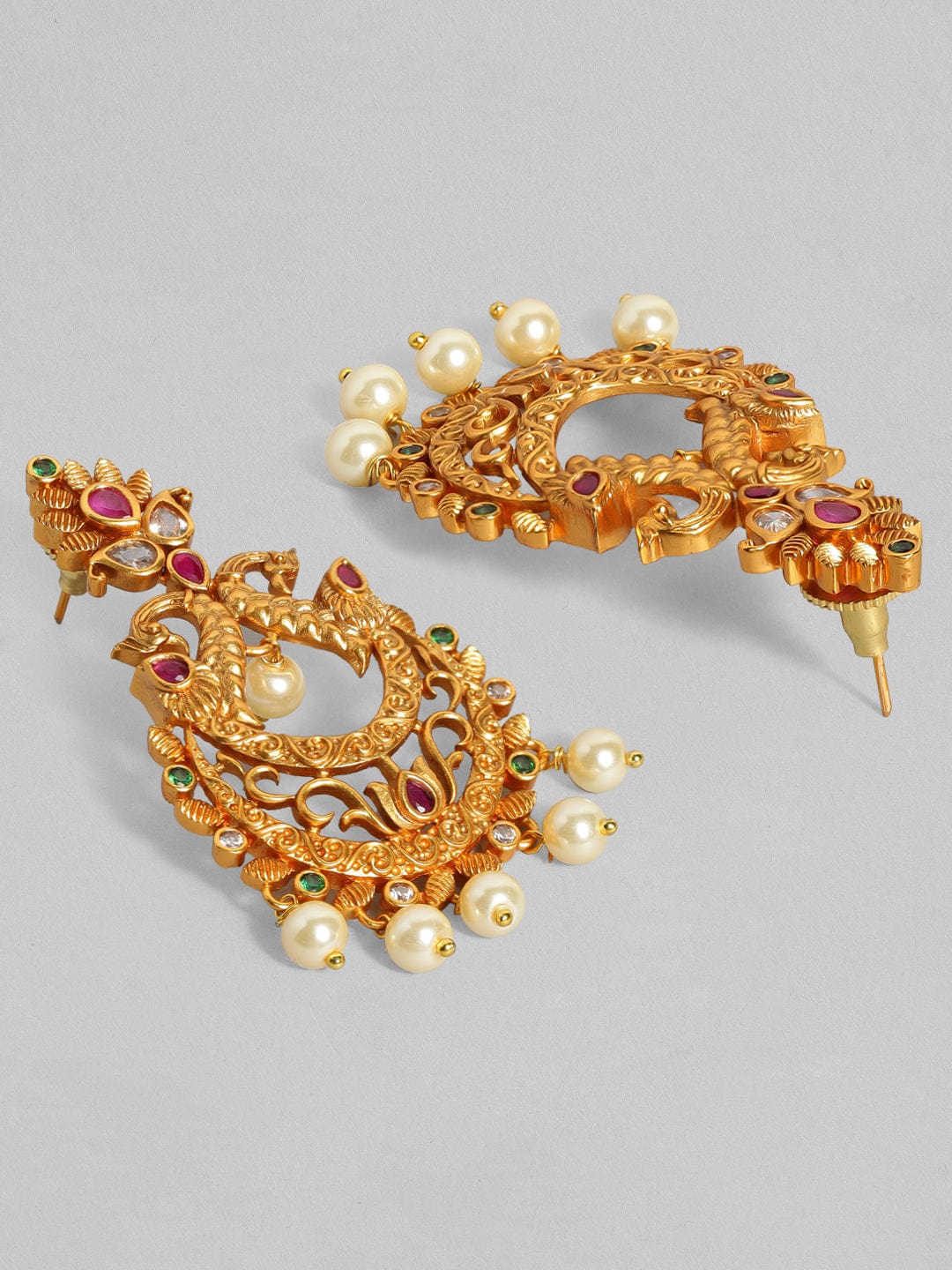 Rubans 22K Gold Plated Handcrafted Faux Ruby Stone with Pearls Peacock Chandbali Earrings Earrings