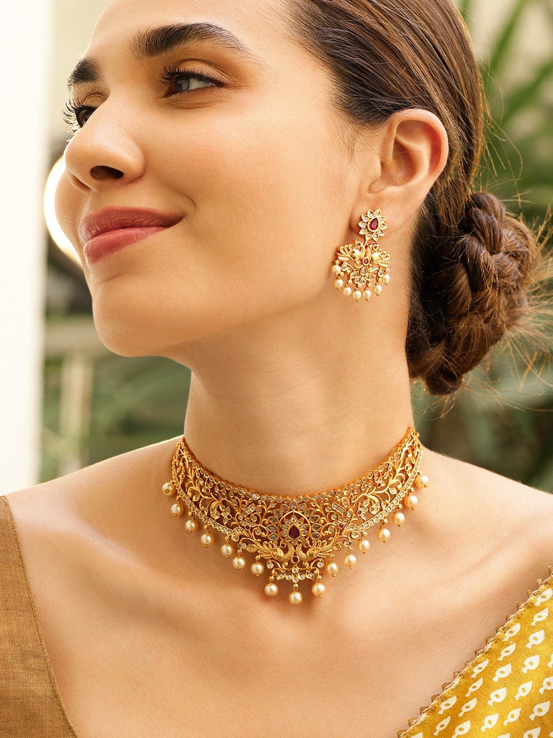 Rubans 22K Gold-Plated Handcrafted Ruby White Polki Pearl Beaded Int