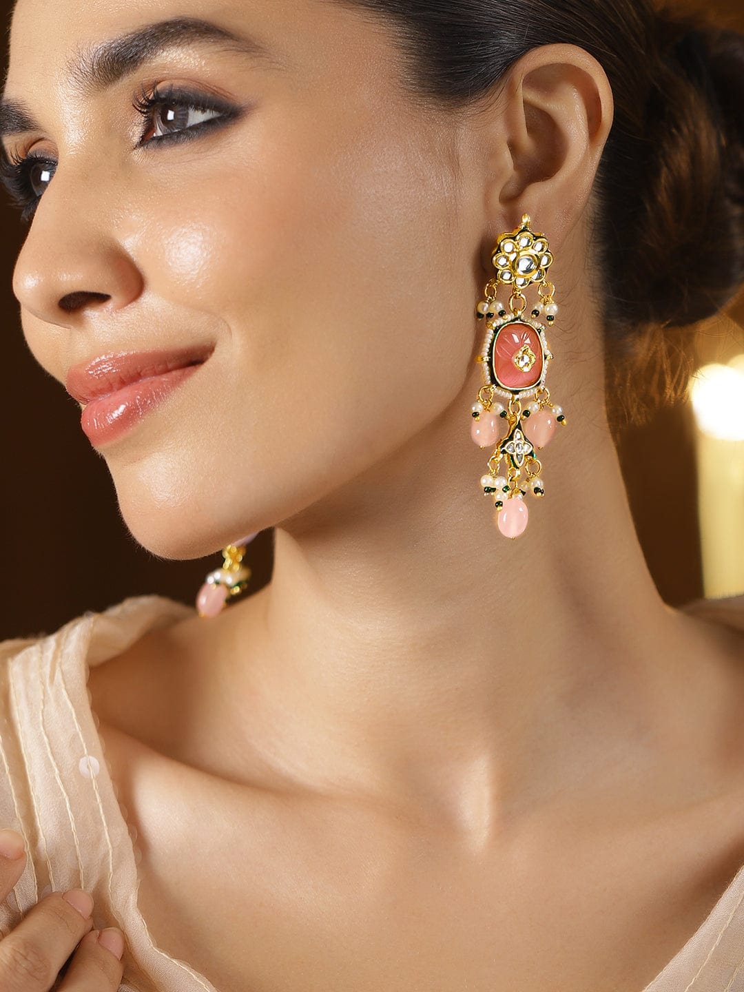 Rubans 22K Gold-Plated Kundan Floral Studded Pink Carved Stone with Green  White Beaded Dangler Earrings