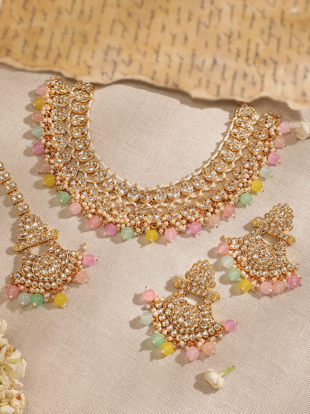 Rubans 22K Gold plated Kundan studded multicolour beaded chandbali motif Statement Necklace Set Necklaces, Necklace Sets, Chains & Mangalsutra