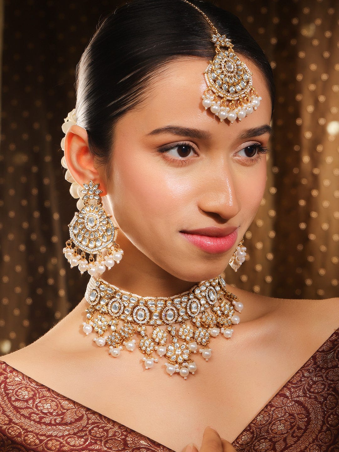 Rubans 22K Gold-Plated Kundan Studded Peach White Beaded Handcrafted