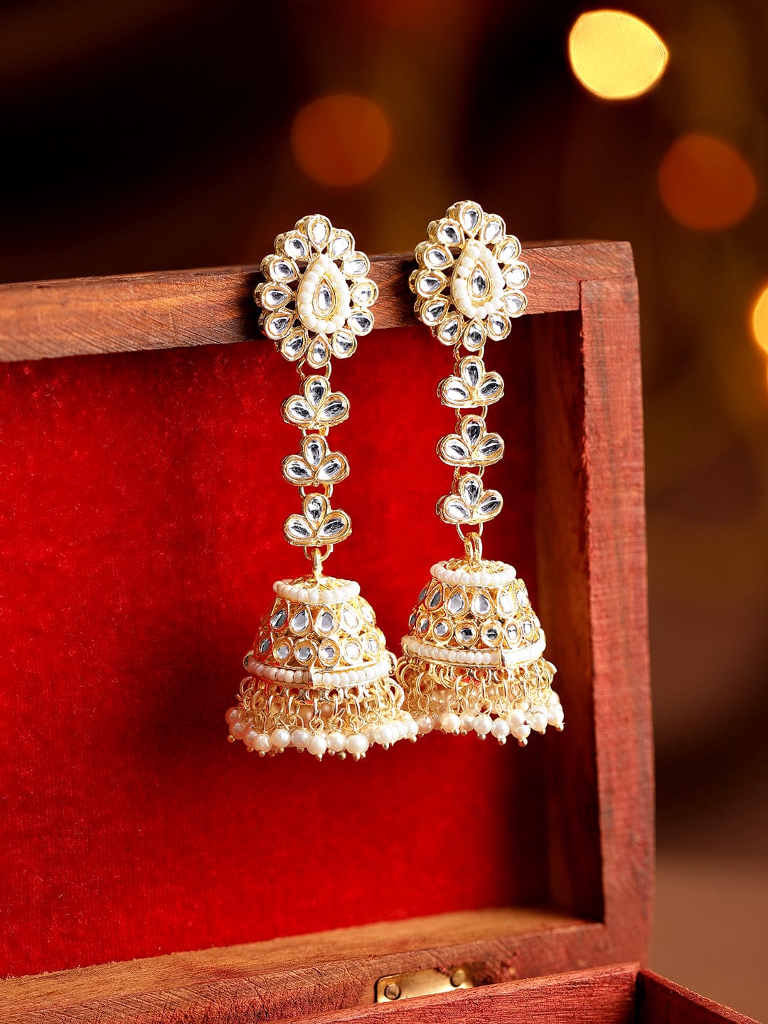 Rubans 22K Gold plated kundan studded pearl beaded Elegant Jhumka earrings Earrings