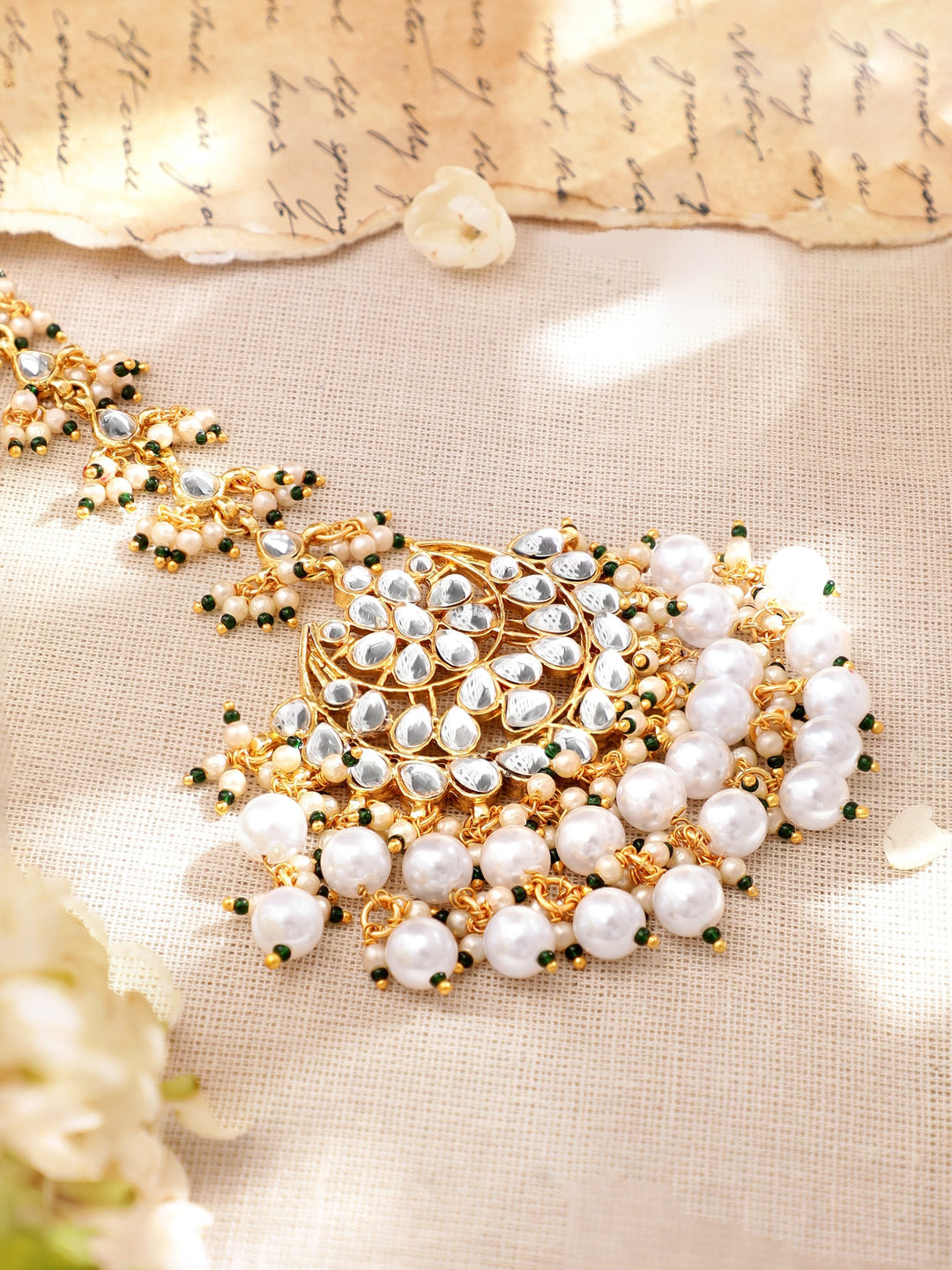 Rubans 22K Gold plated Kundan studded Pearl beaded Statement Maangtika Head Jewellery