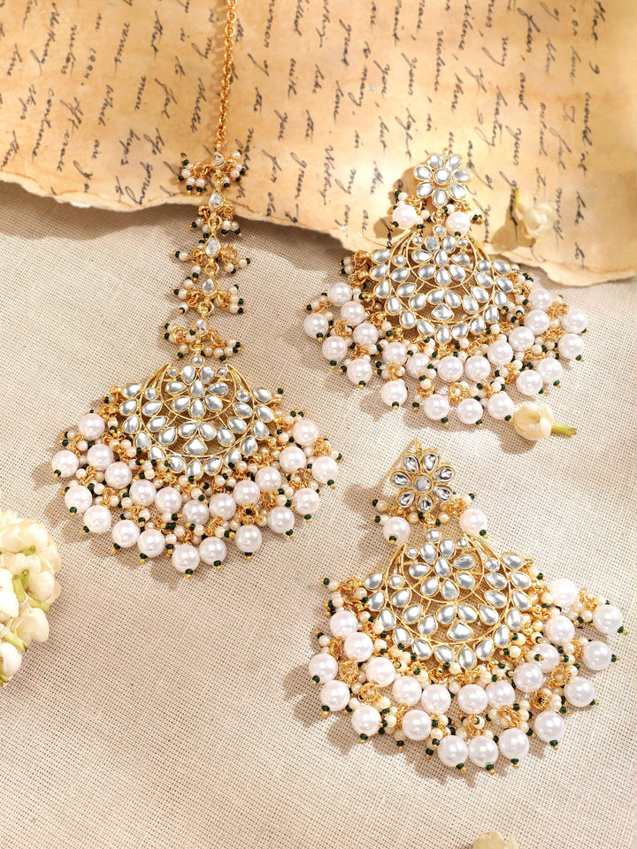 Rubans 22K Gold plated Kundan with pearl beaded Chandbali Statement Earrings and maang tika set Earrings & mangtika Combo