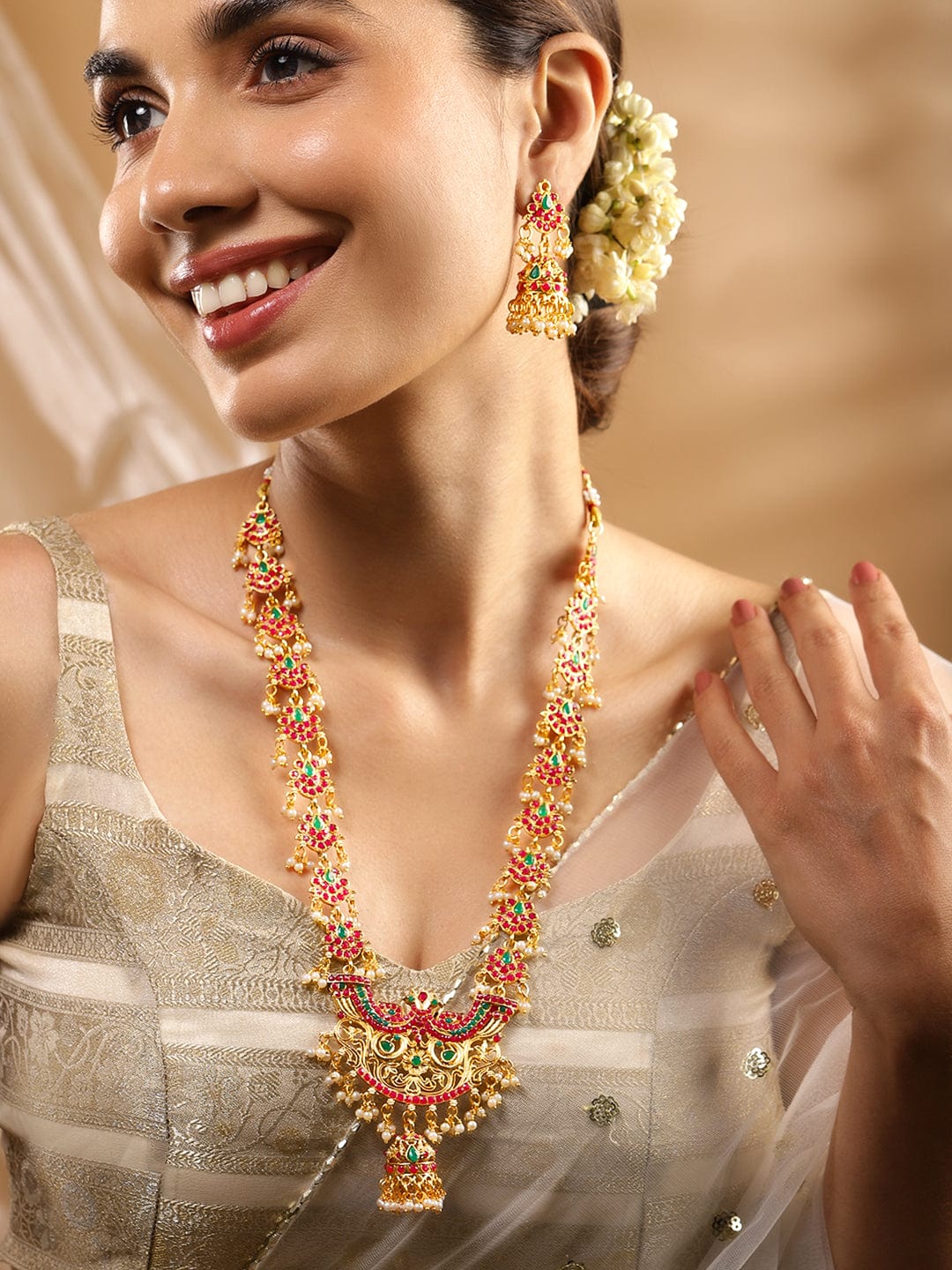 Rubans 22K Gold-Plated Long Jewellery Set with Ruby Red Emerald Green and  Pearl Beads
