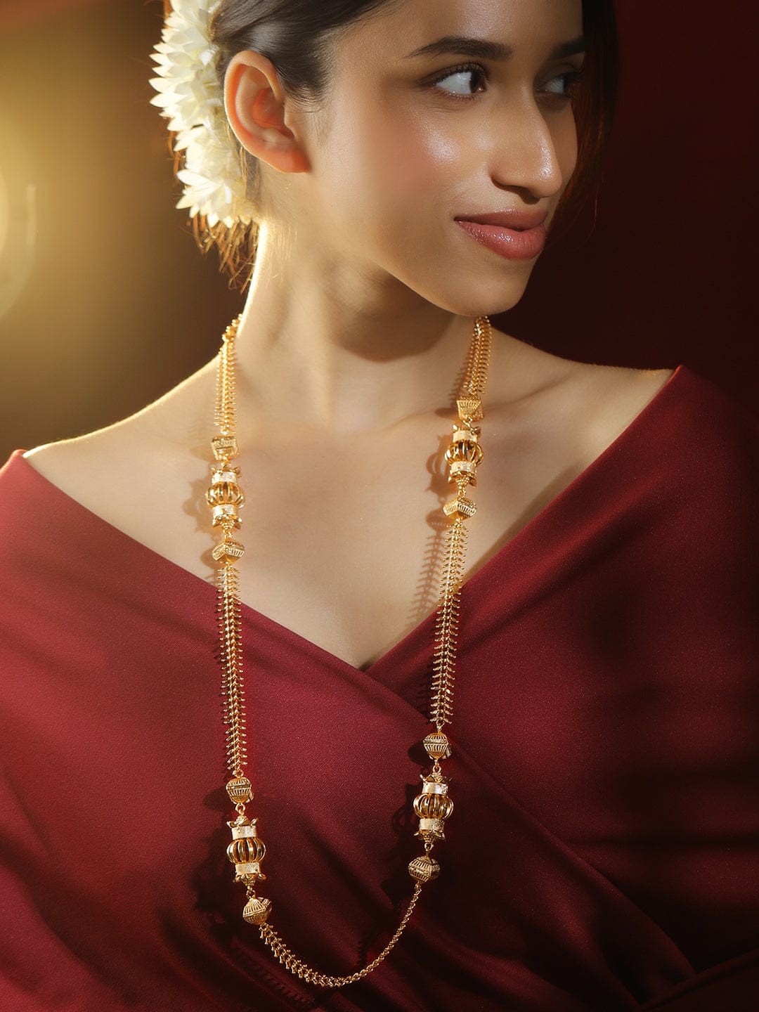 Gold Plated Simple Long Necklace For Saree Rubans 22K Gold-Plated