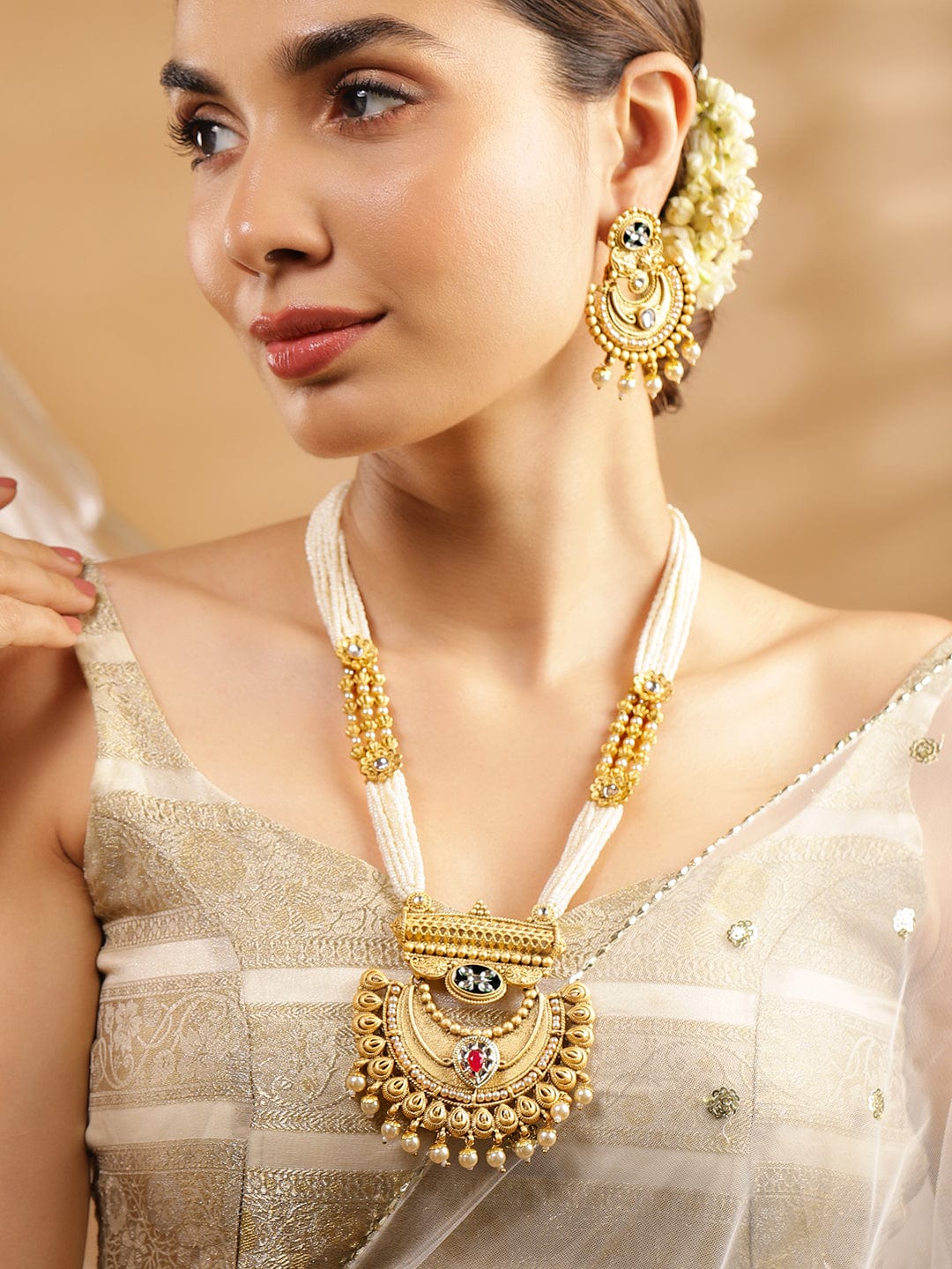 Rubans 22K Gold-Plated Pearl Beaded Multi-Strand Necklace Set with Kundan  Ruby Accents and Earrings