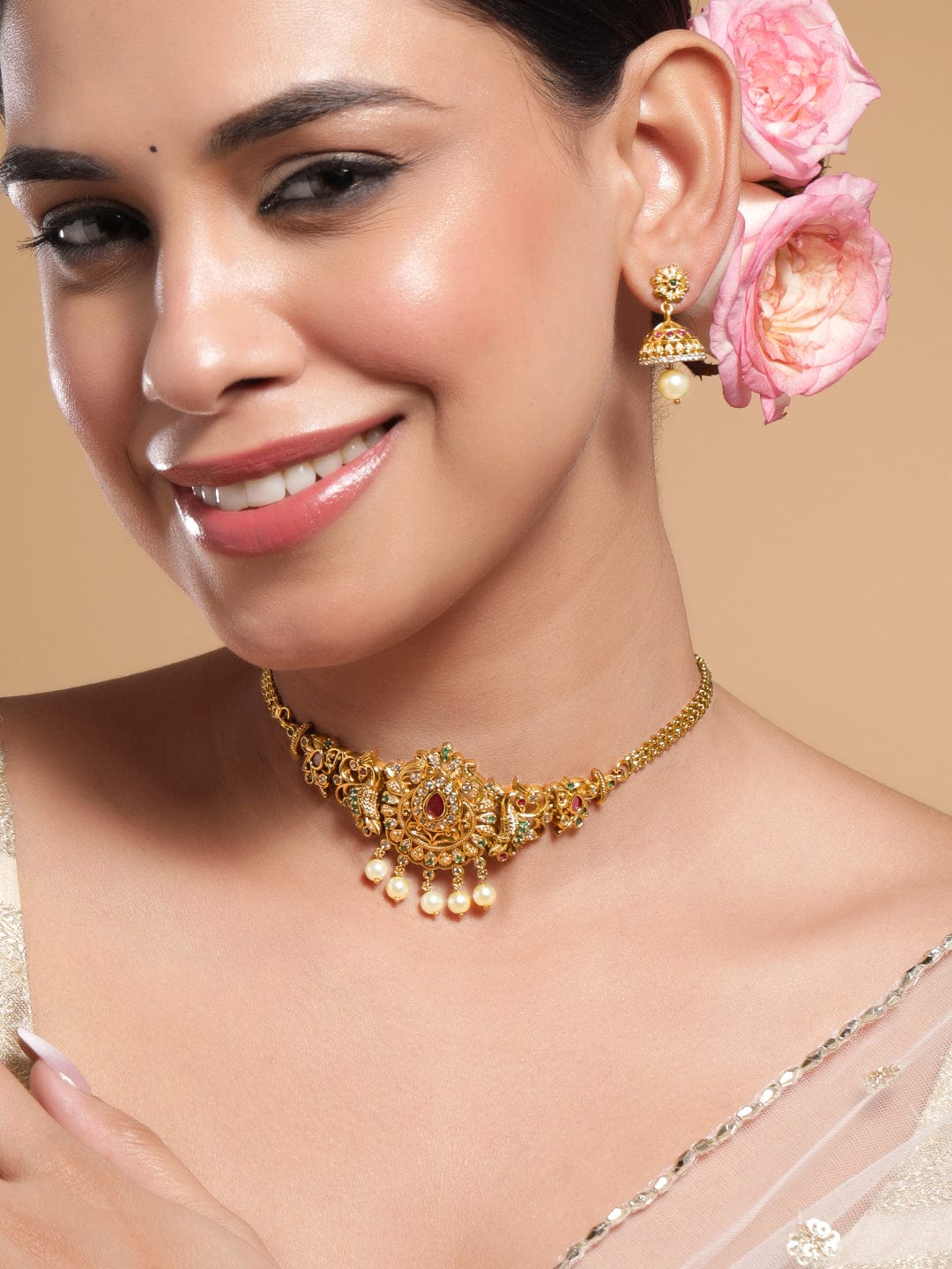 Multicolor Studded Peacock Motif Gold Necklace Set – Rubans