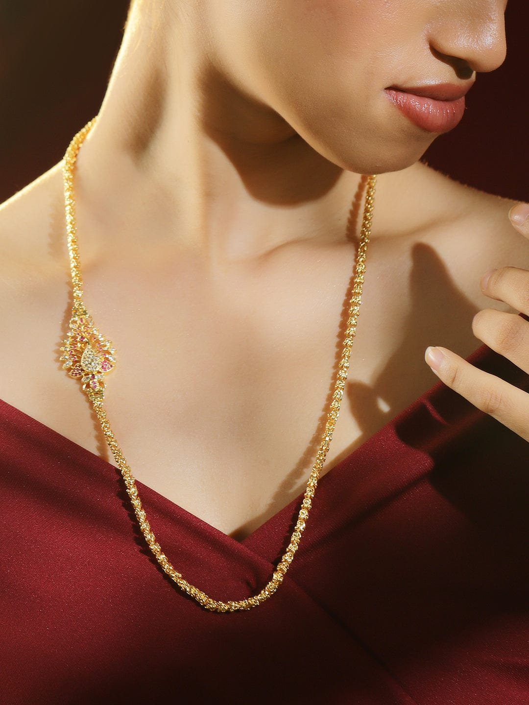 Rubans 22K Gold-Plated Twisted Rope Chain Necklace with Peacock Motif