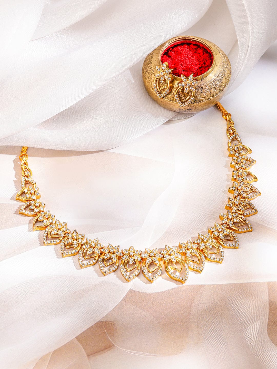 Rubans 22K Gold-Plated White Cubic Zirconia Studded Lotus Motif Necklace Set for Women