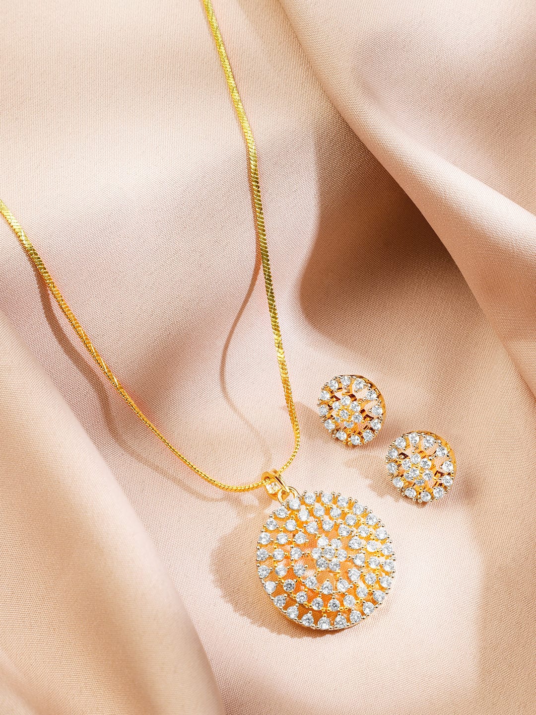 Rubans 22K Gold-Plated White Cubic Zirconia Studded Round Floral Penda